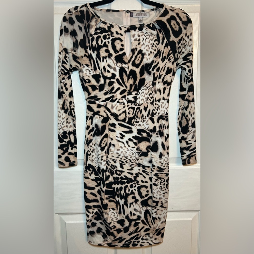 Jennifer Lopez Women’s Keyhole Animal Print Dress- Cream/Tan/Black Size XXSP - Picture 2 of 5